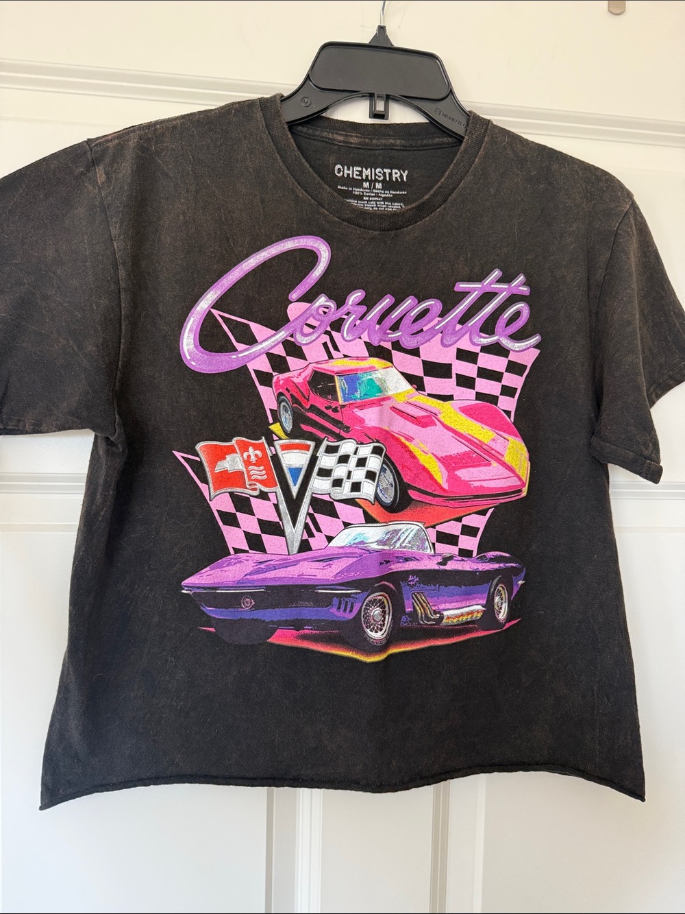 Chemistry crop Black Tee with Pink & Purple Corvette Graphics